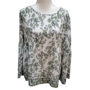 MAX STUDIO Womens size M Green/White Floral Long BOHO Peasant Sleeve Top Blouse